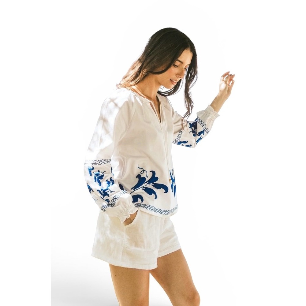 Roller Rabbit Embroidered Cotton Peasant Blouse White Blue Boho‎ Top Medium